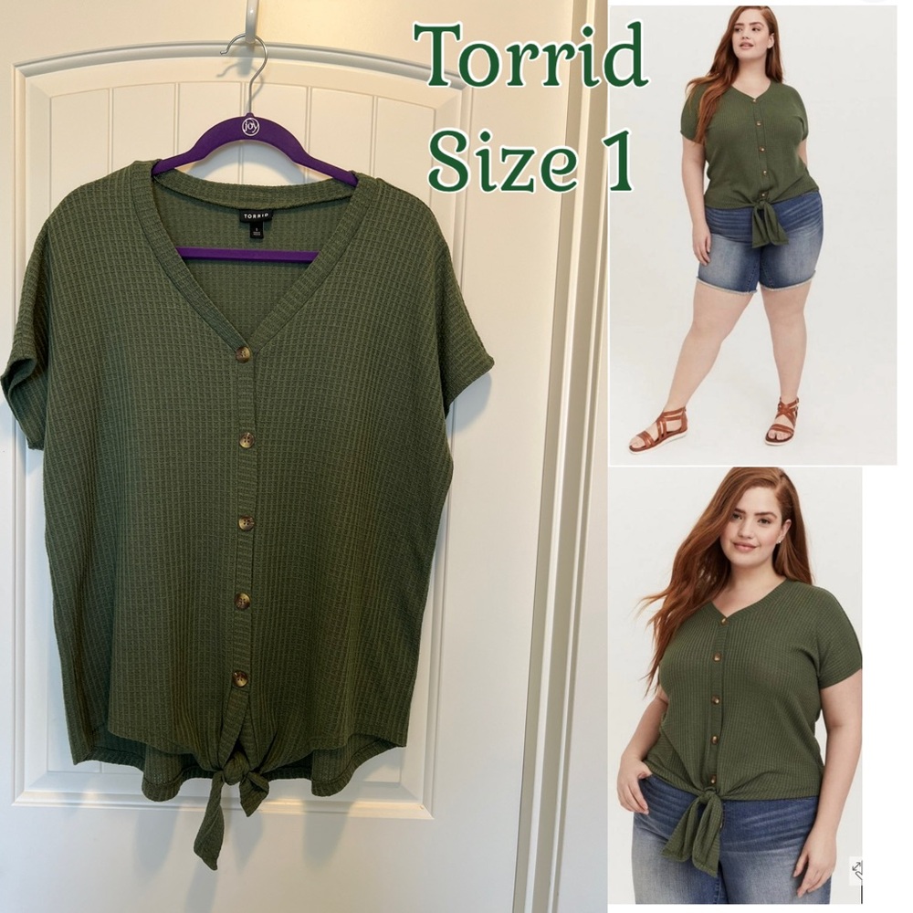 Torrid Women's Green Waffle Knit Pullover Top Decorative Buttons Knot Tie, Sz 1